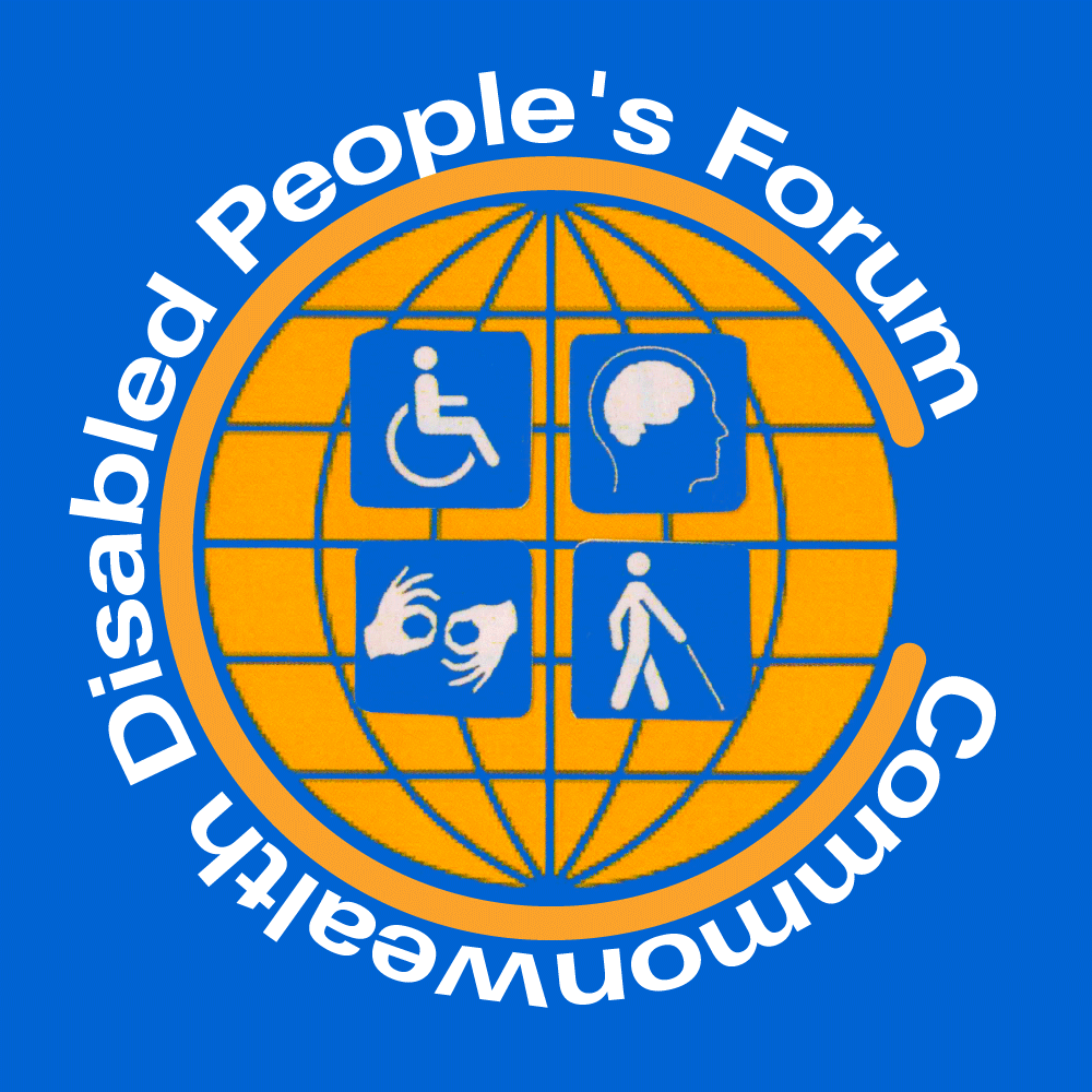 Commonweath Disabled People's Forum logo depicting a globe in gold on a blue background, with isotypes representing 4 groups of disabled people.