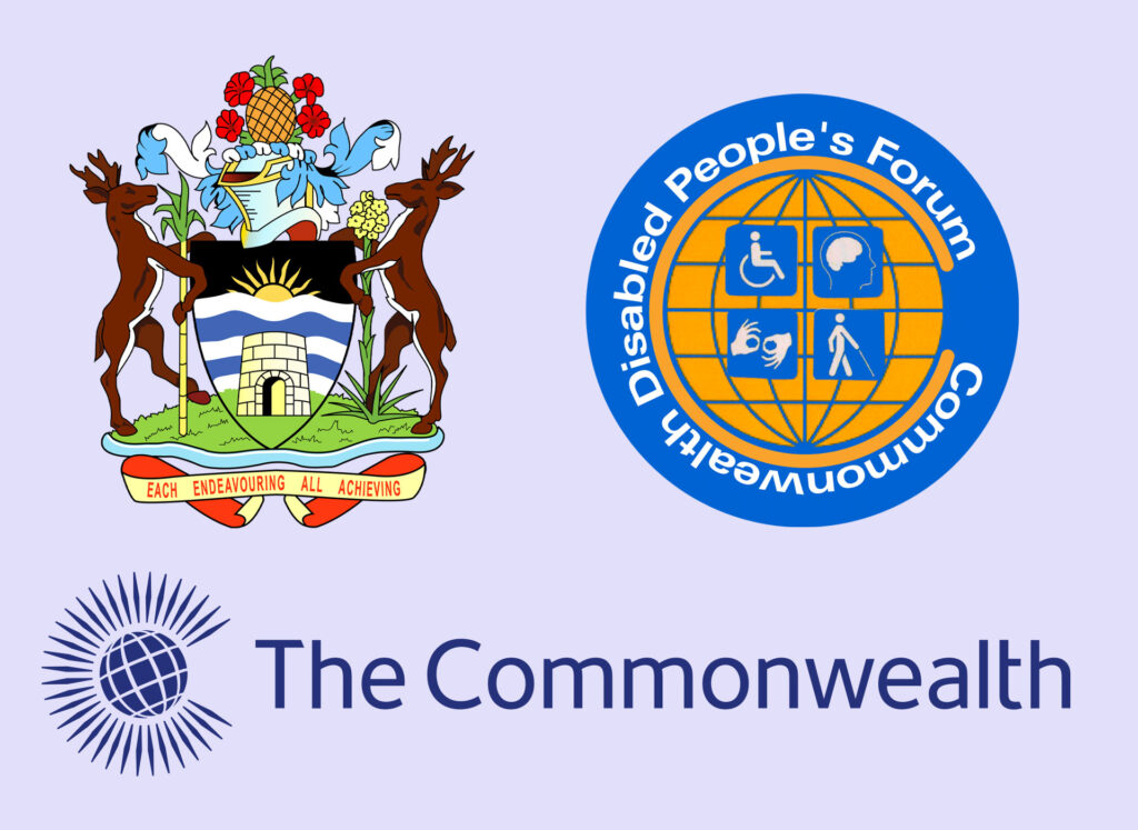 A composite image showing the coat of arms of Anitgua and Barbuda, the logo of Commonwealth Disabled People's Forum, and the logo of The Commonwealth